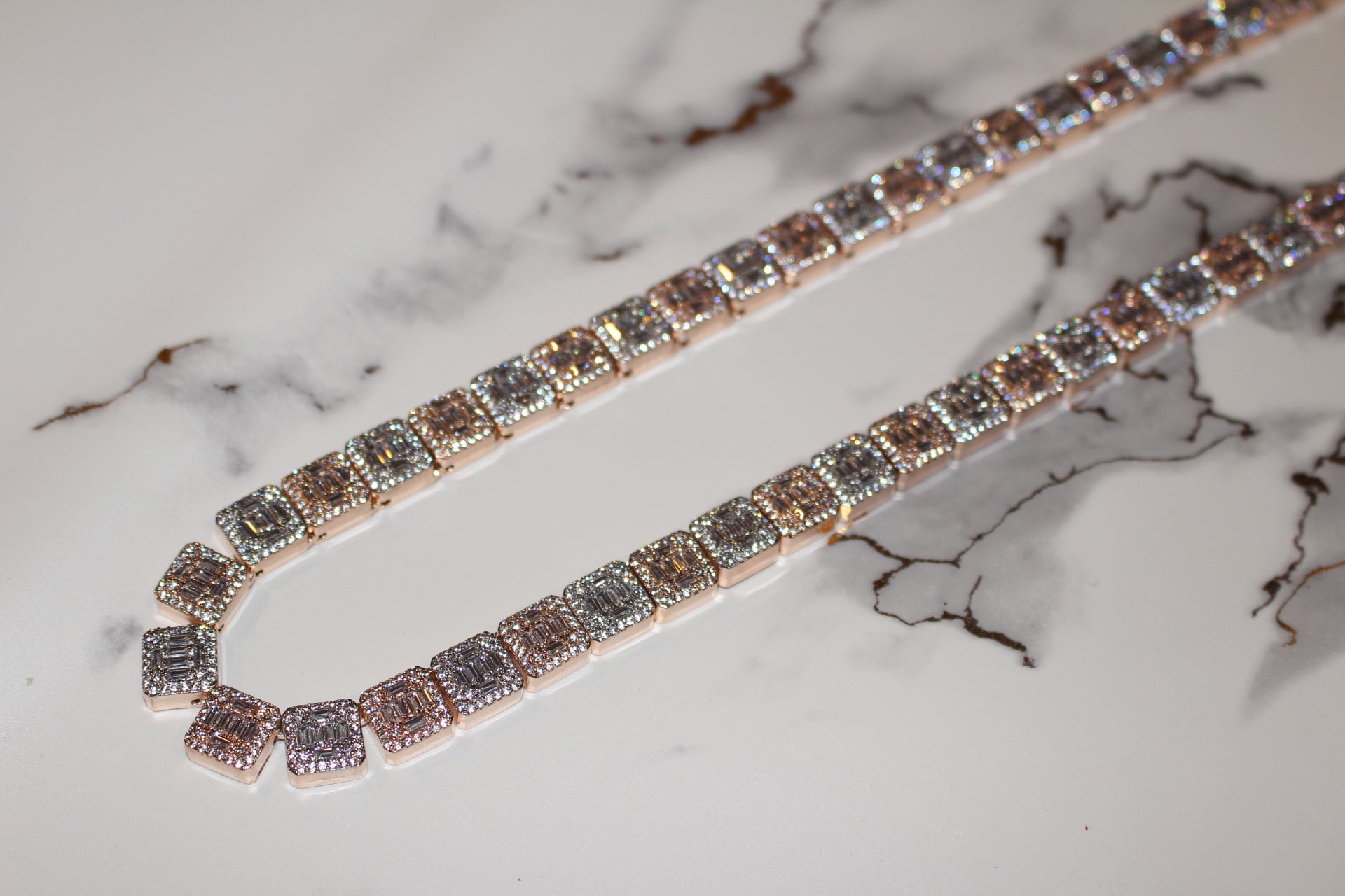 10mm Baguette Square Cushion-Cut Tennis Chain 124.6ct Lab Sim VVS1 Diamond Necklace - Rose/White Gold