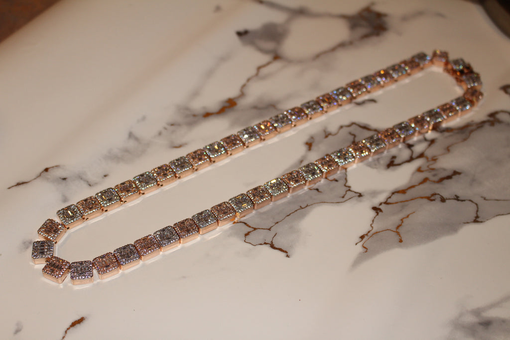 10mm Baguette Square Cushion-Cut Tennis Chain 124.6ct Lab Sim VVS1 Diamond Necklace - Rose/White Gold