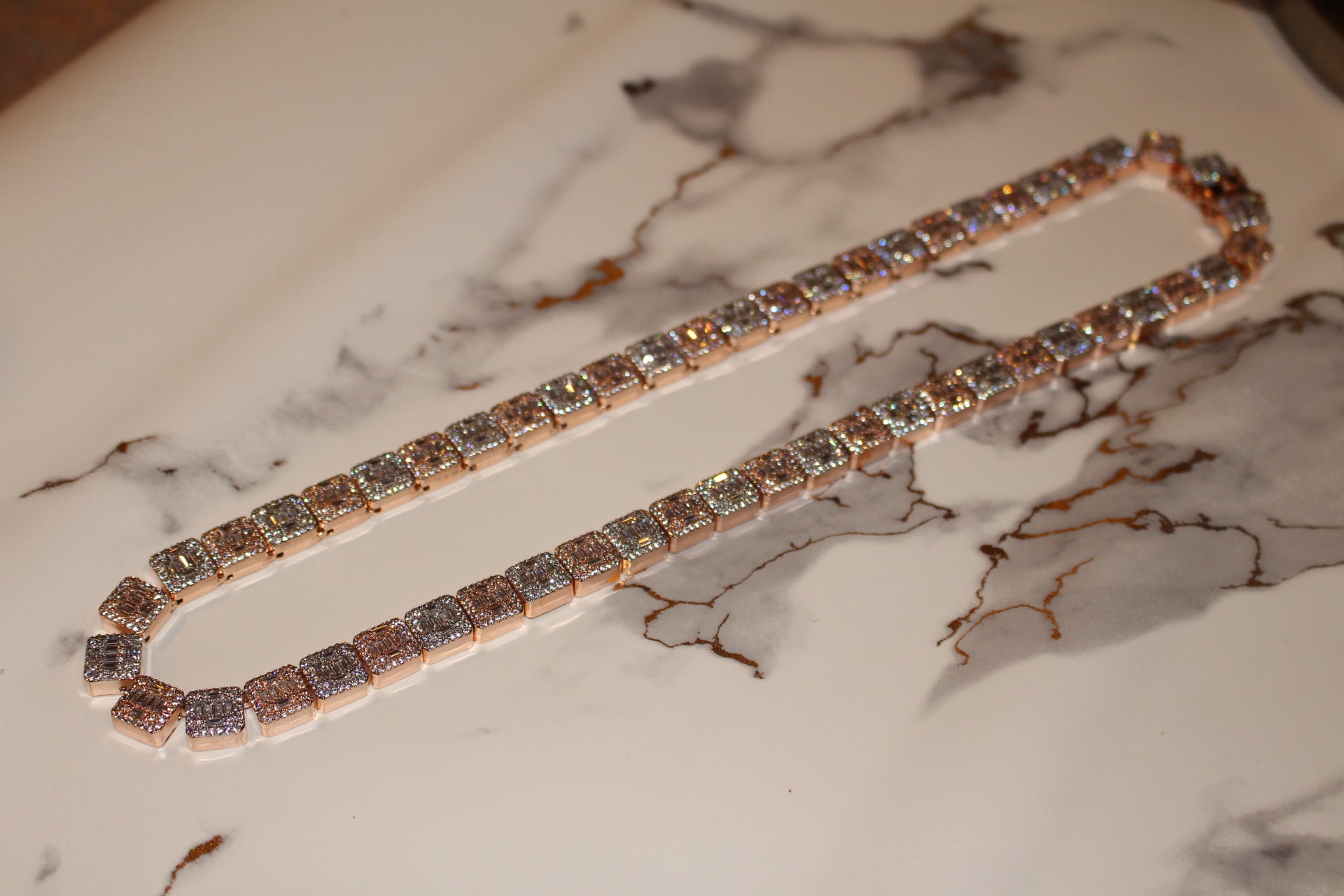 10mm Baguette Square Cushion-Cut Tennis Chain 124.6ct Lab Sim VVS1 Diamond Necklace - Rose/White Gold