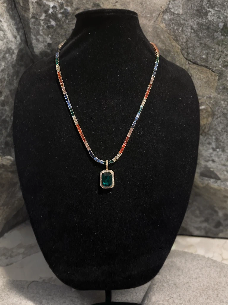 4mm Rainbow Tennis Chain Necklace 62ct Lab Sim Diamond Pendant - GREEN SAPPHIRE