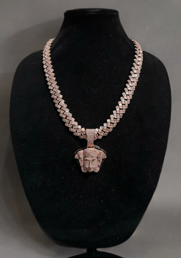 XXL MEDUSA VERSACE 19mm Cuban Miami Prong BAGUETTE 124ct Lab Sim VVS1 Diamond Necklace SET - ROSE GOLD