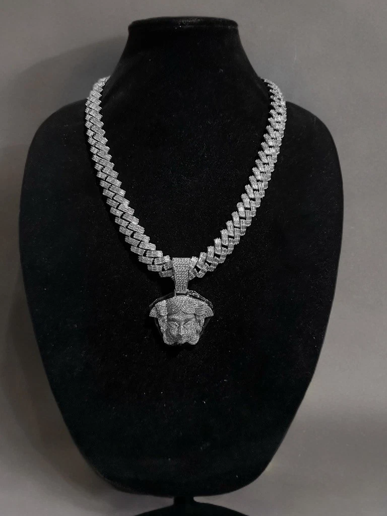 XXL MEDUSA VERSACE 19mm Cuban Miami Prong BAGUETTE 124ct Lab Sim VVS1 Diamond Necklace SET