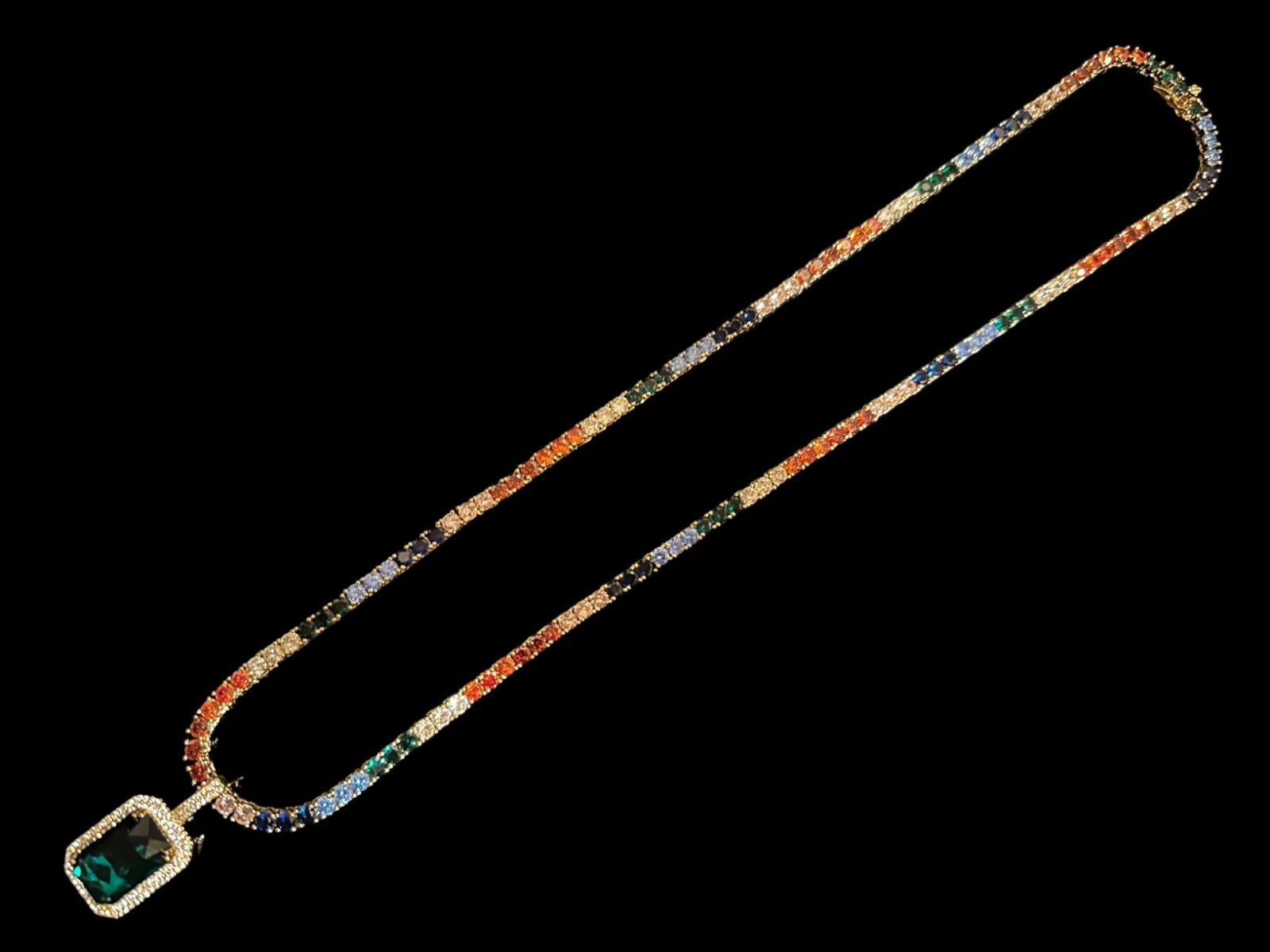 4mm Rainbow Tennis Chain Necklace 62ct Lab Sim Diamond Pendant - GREEN SAPPHIRE