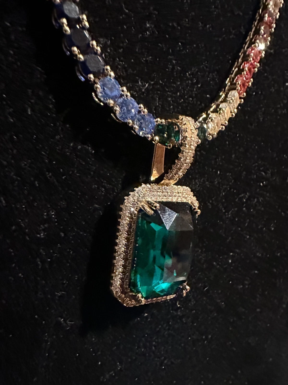 4mm Rainbow Tennis Chain Necklace 62ct Lab Sim Diamond Pendant - GREEN SAPPHIRE