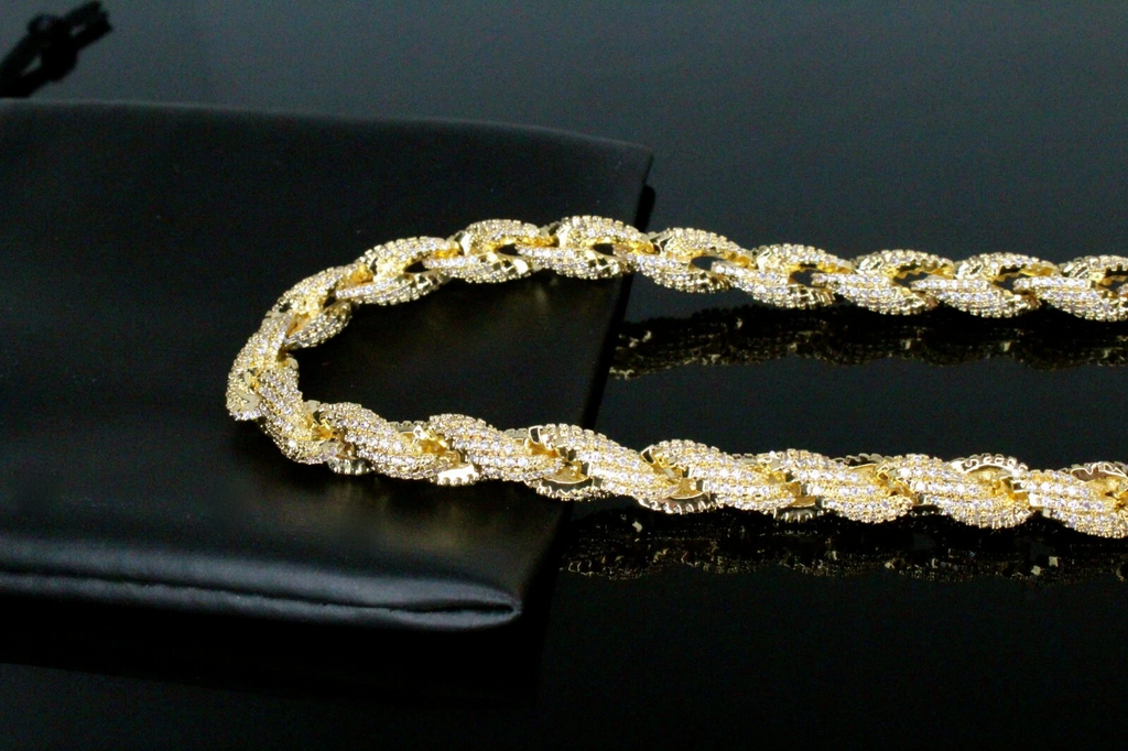 8mm Rope Chain 36ctw Lab Sim VVS1 Diamond Necklace - Gold