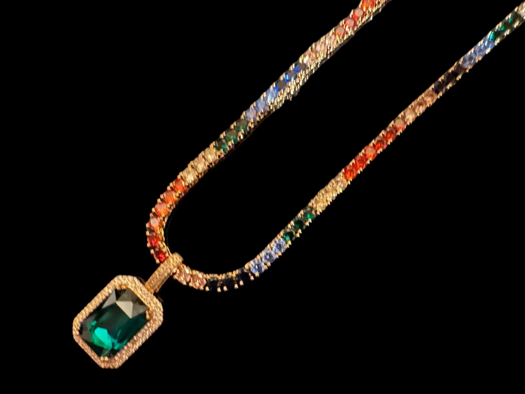 4mm Rainbow Tennis Chain Necklace 62ct Lab Sim Diamond Pendant - GREEN SAPPHIRE