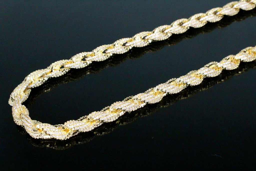 8mm Rope Chain 36ctw Lab Sim VVS1 Diamond Necklace - Gold