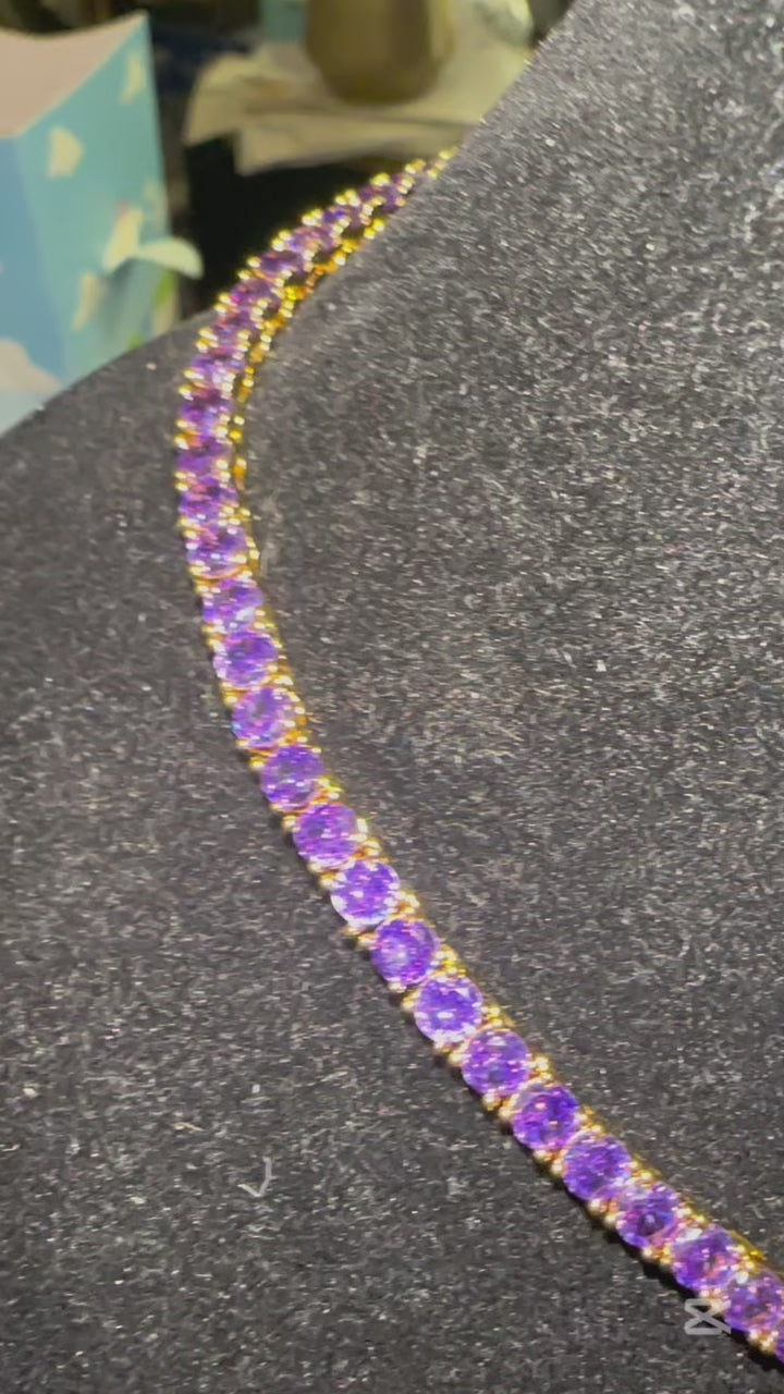 4mm Tennis Chain 70ct Lab Sim VVS1 Diamond Necklace - Purple Amethyst Gold