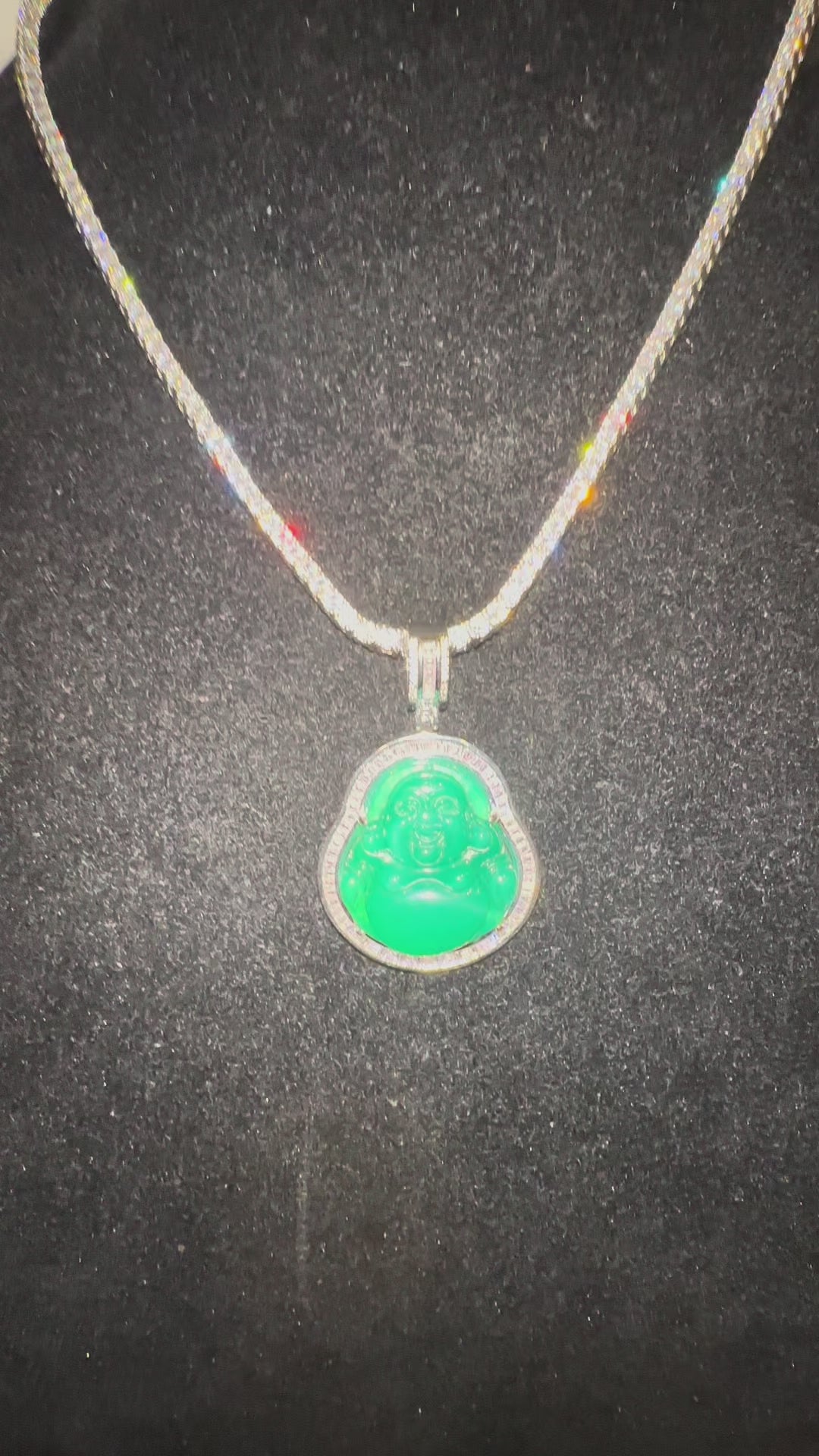 Happy Buddha Jade Pendant TENNIS 74ct Lab Sim BAGUETTE Diamond - GREEN