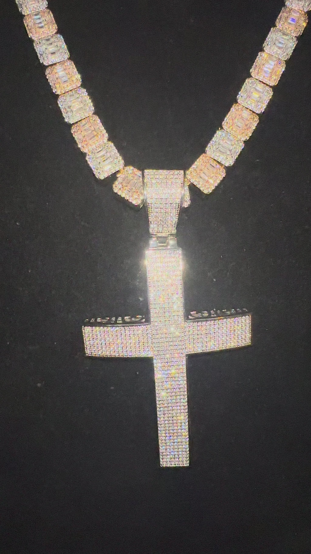 XL Cross Pendant 10mm Baguette Square Cushion-Cut Tennis Chain 144.6ct Lab Sim VVS1 Diamond Necklace - Rose/Silver