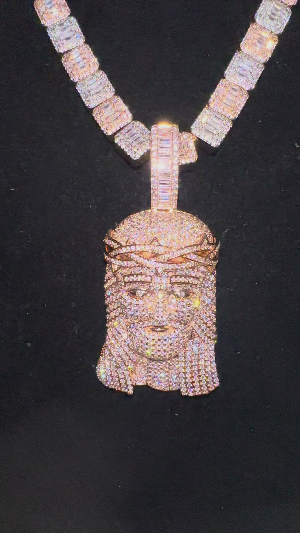 XXL Jesus Pendant 149ct Lab Sim VVS1 Diamond 12mm Tennis Baguette Necklace - Rose Gold 2-Tone