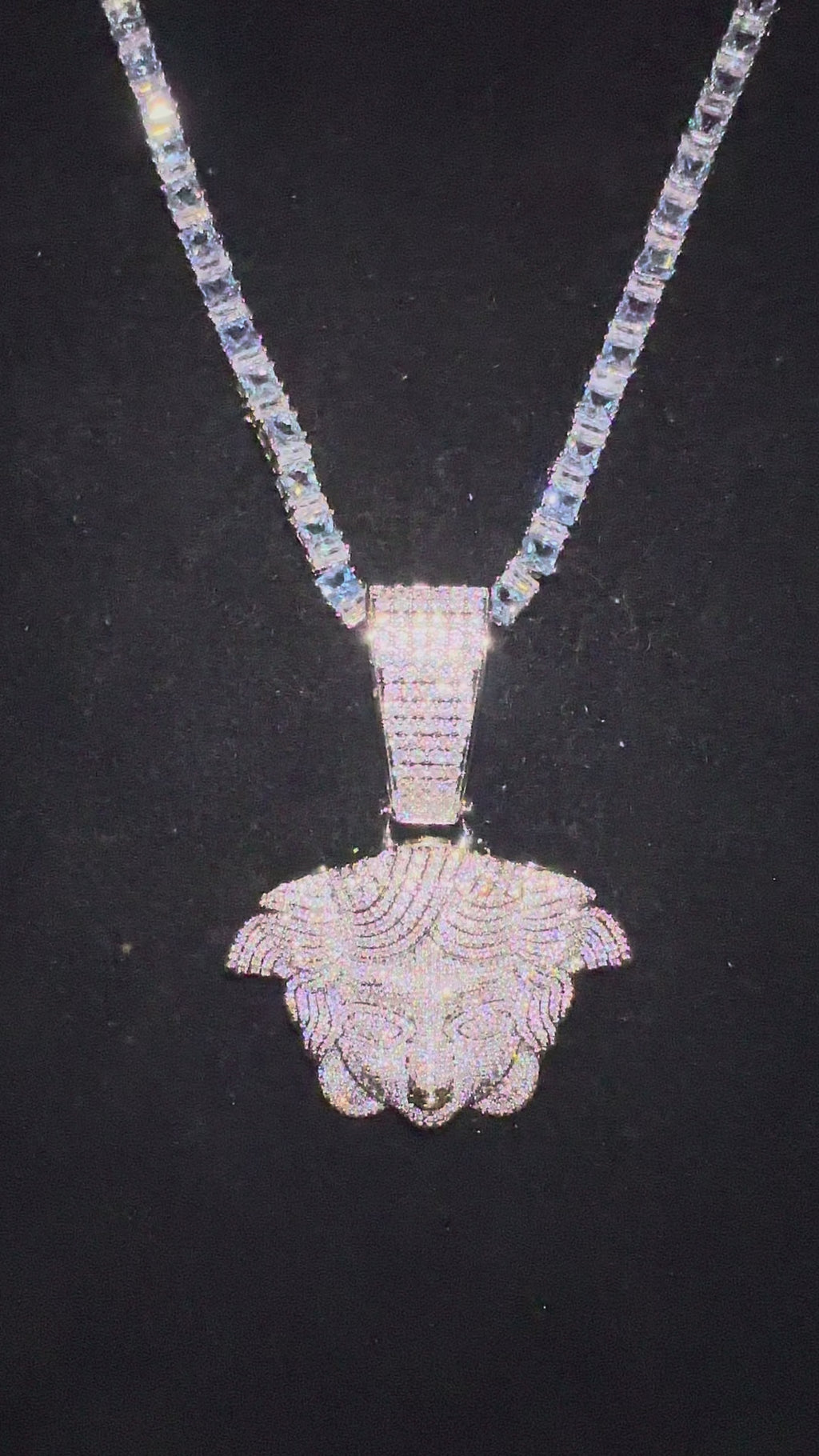 XXL MEDUSA HEAD Pendant 4mm Tennis 98.6ct BAGUETTE Lab Sim VVS1 Diamonds