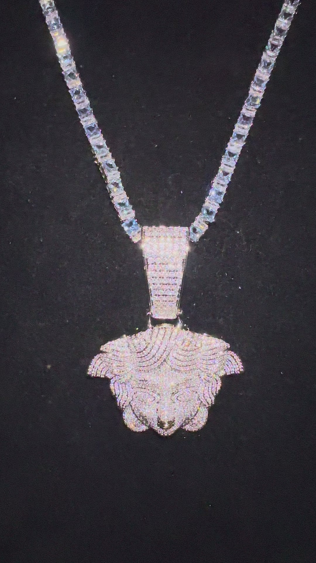XXL MEDUSA HEAD Pendant 4mm Tennis 98.6ct BAGUETTE Lab Sim VVS1 Diamonds
