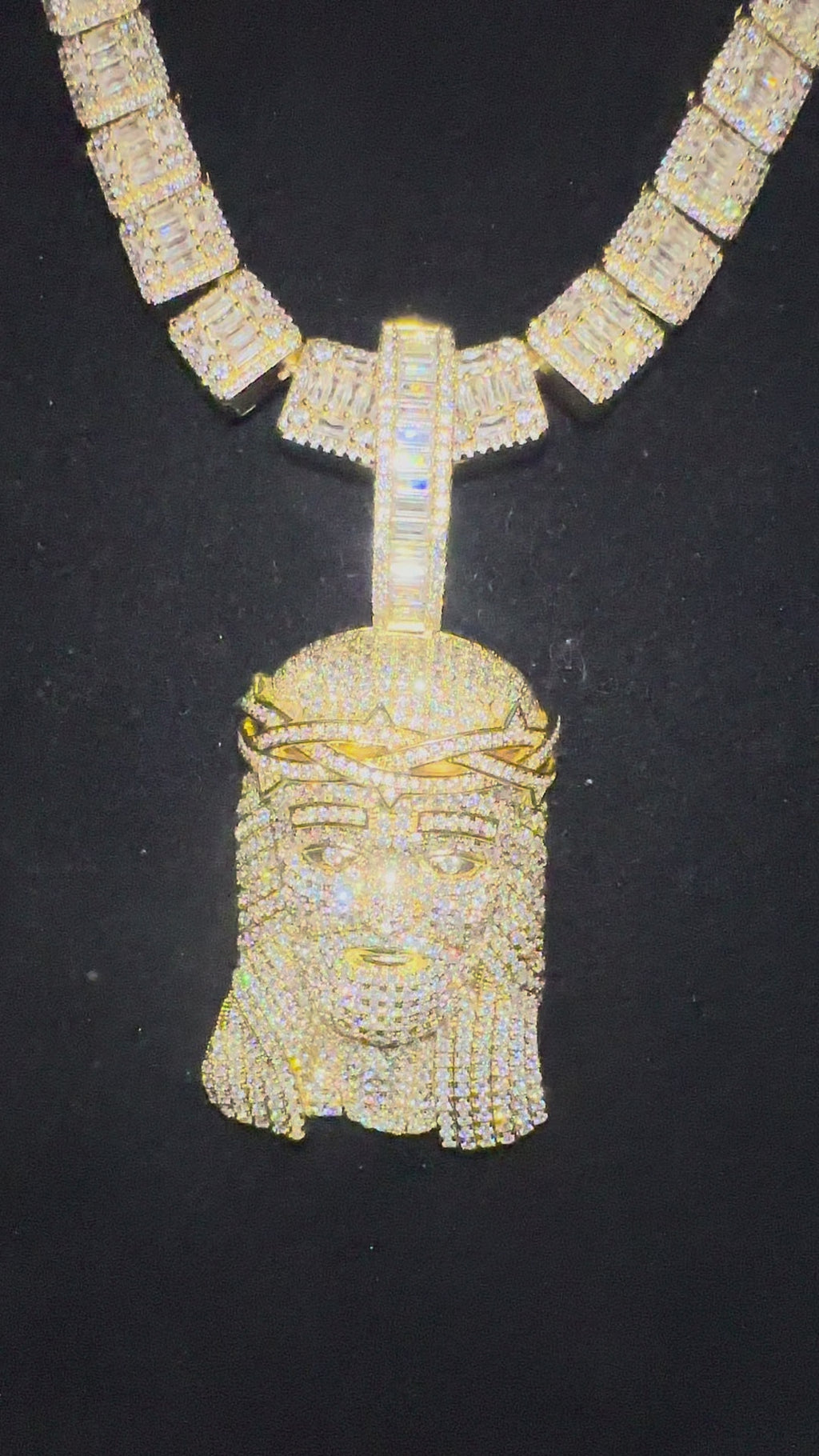 XXL Jesus Pendant 149ct Lab Sim VVS1 Diamond 12mm Tennis Baguette Necklace - Gold