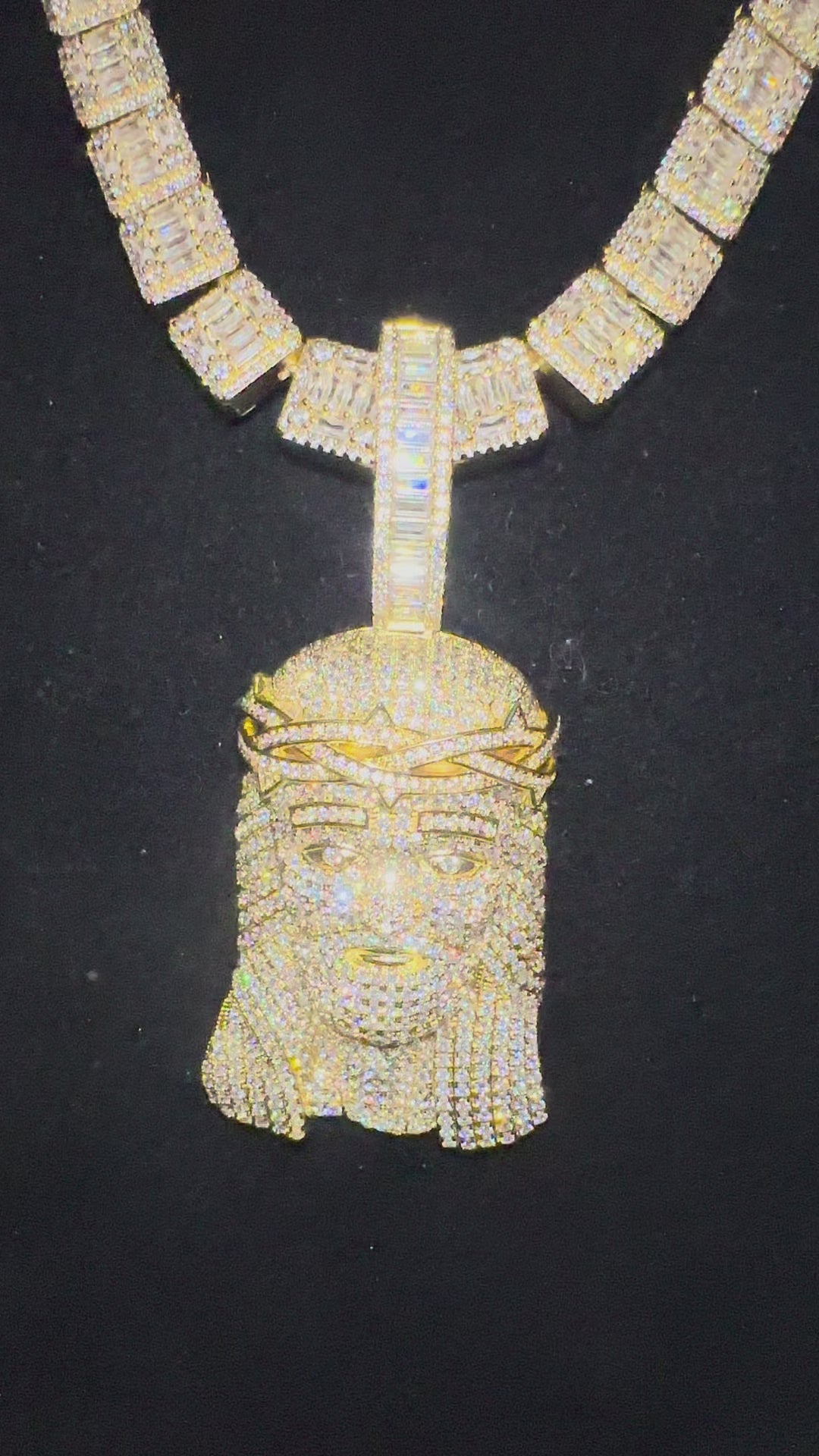XXL Jesus Pendant 149ct Lab Sim VVS1 Diamond 12mm Tennis Baguette Necklace - Gold