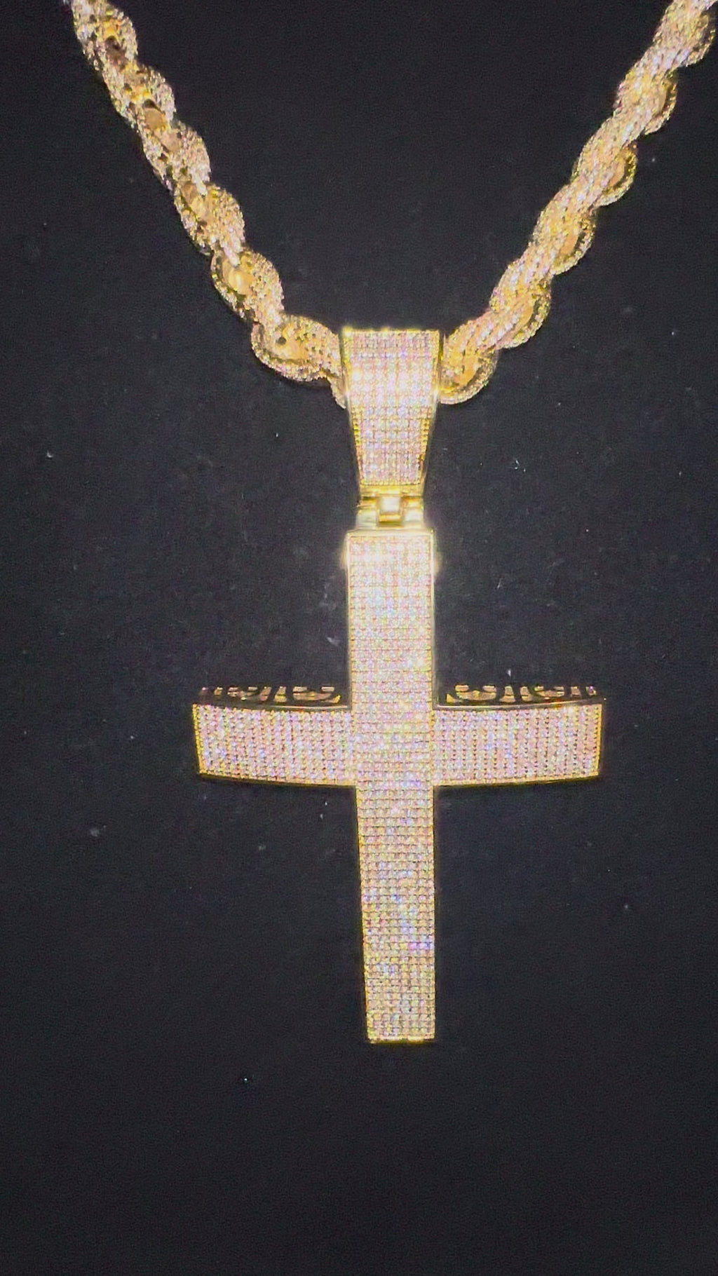 XL Cross Pendant 8mm Rope 75.8ct Lab Sim VVS1 Diamond Necklace - GOLD