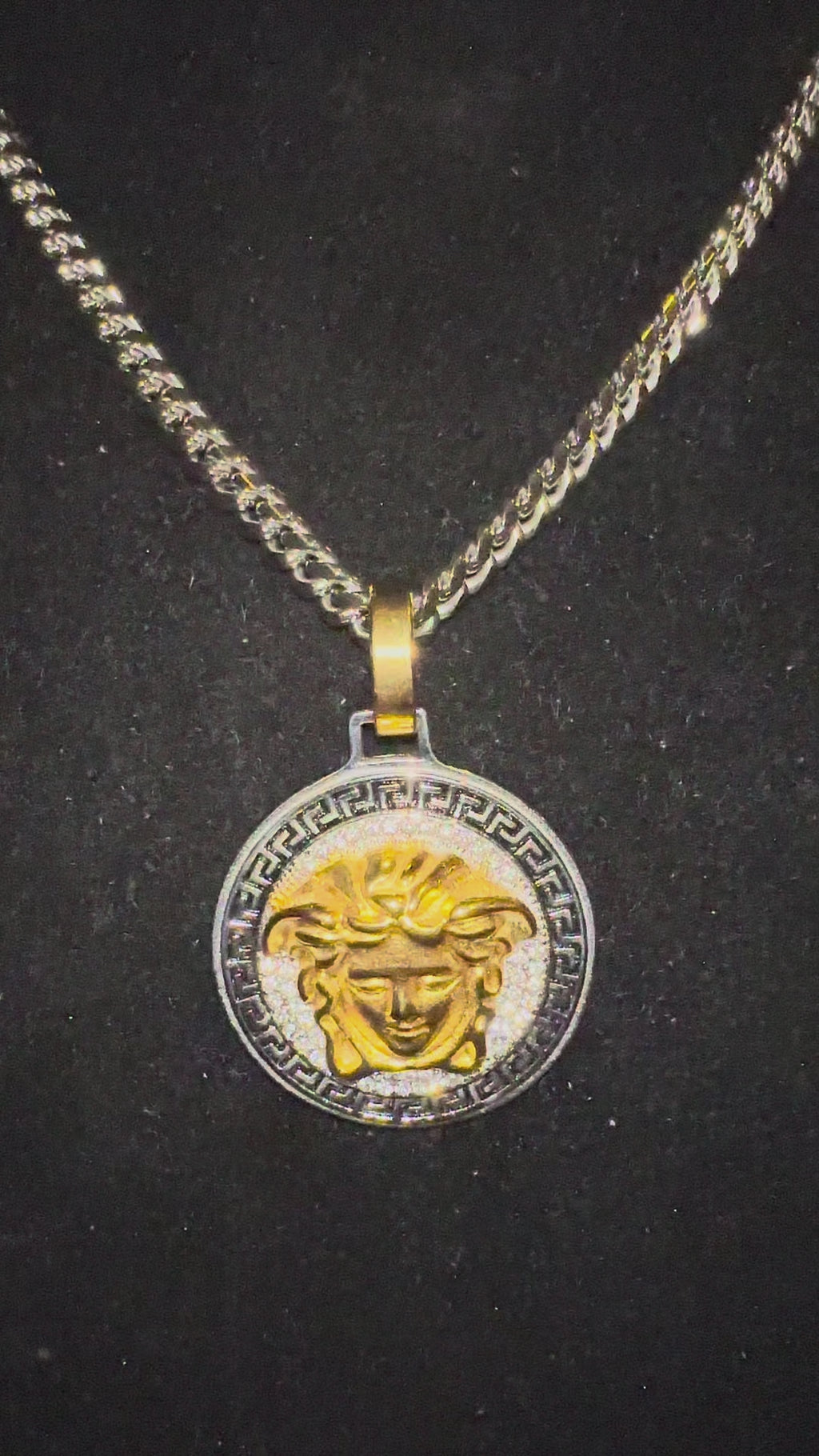 MEDUSA 2-Tone Versace Medallion Pendant Cuban Miami Lab Sim VVS1 Diamond Necklace Set