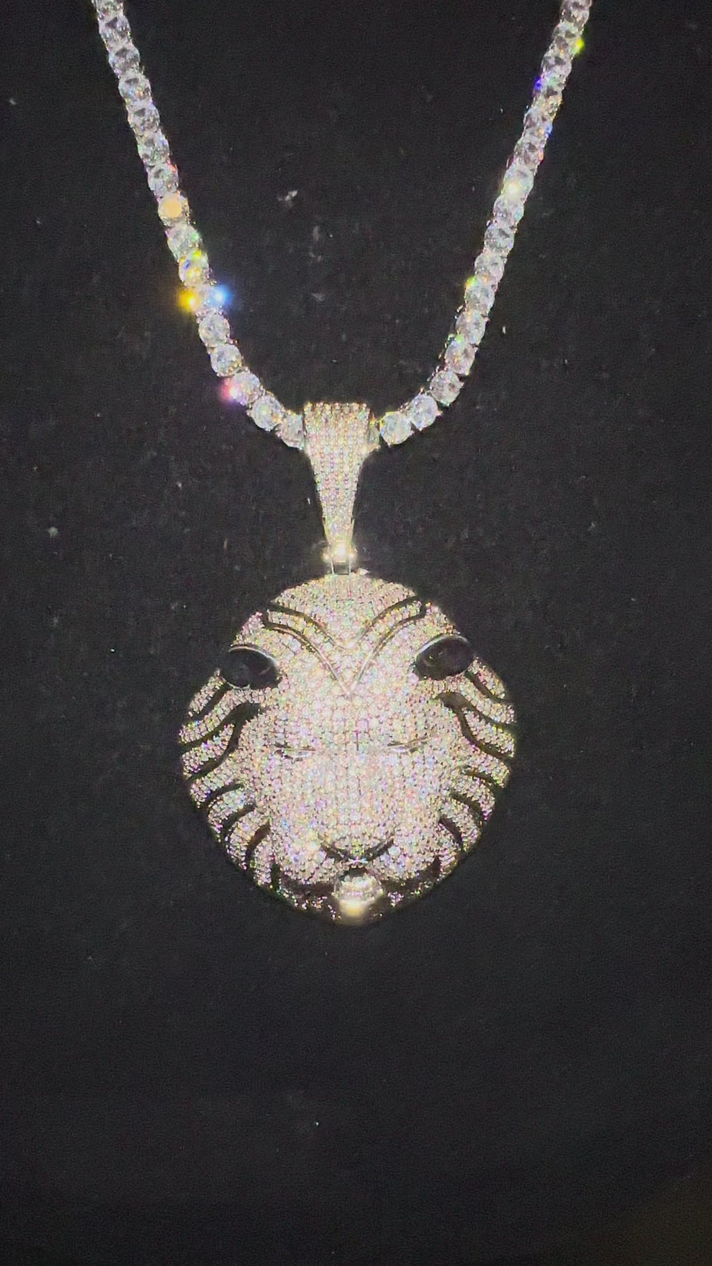 XL Lion Head Pendant 4mm Tennis 78.6ct Lab Sim VVS1 Diamond Necklace