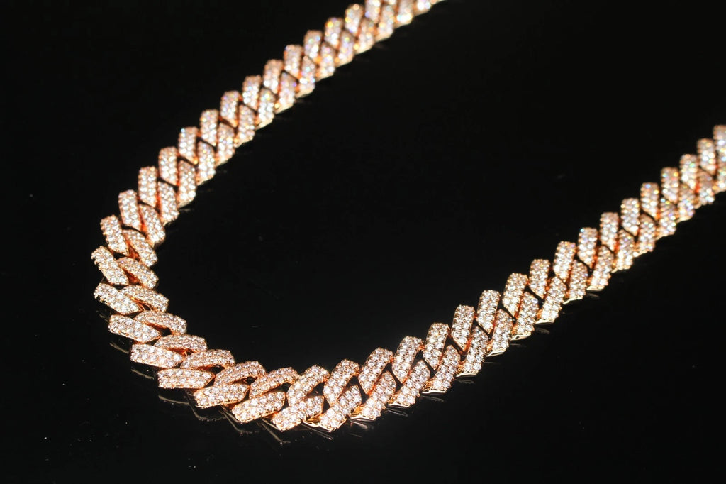 14mm Cuban Prong 64ct Lab VVS1 Sim Diamond Necklace Rose Gold