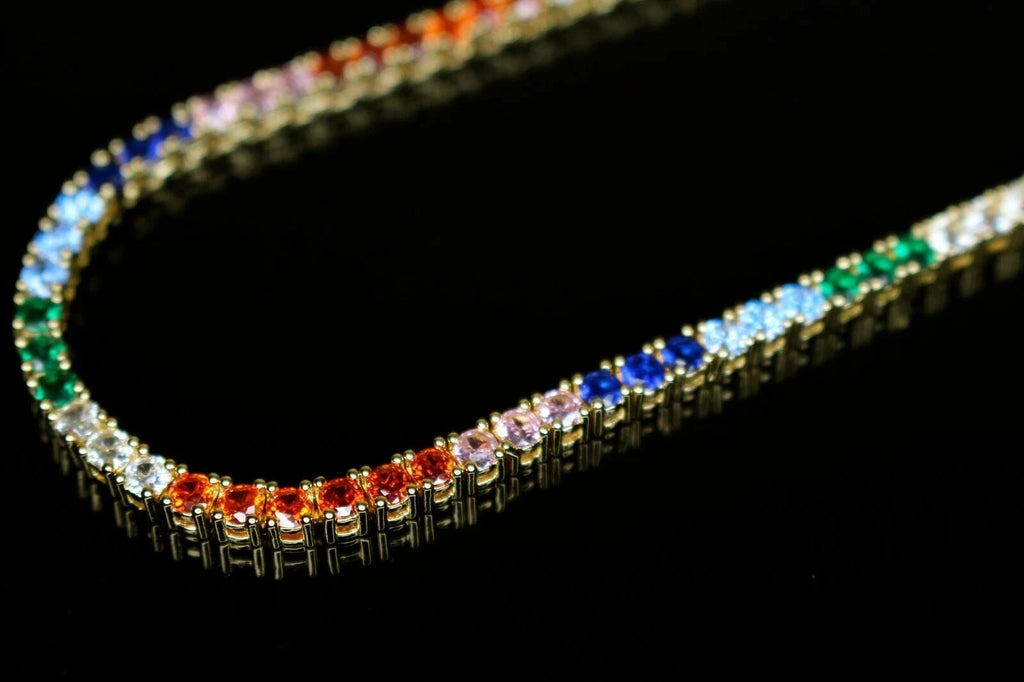 4mm RAINBOW Tennis Chain 70ct Lab Sim VVS1 Diamond Necklace - Gold