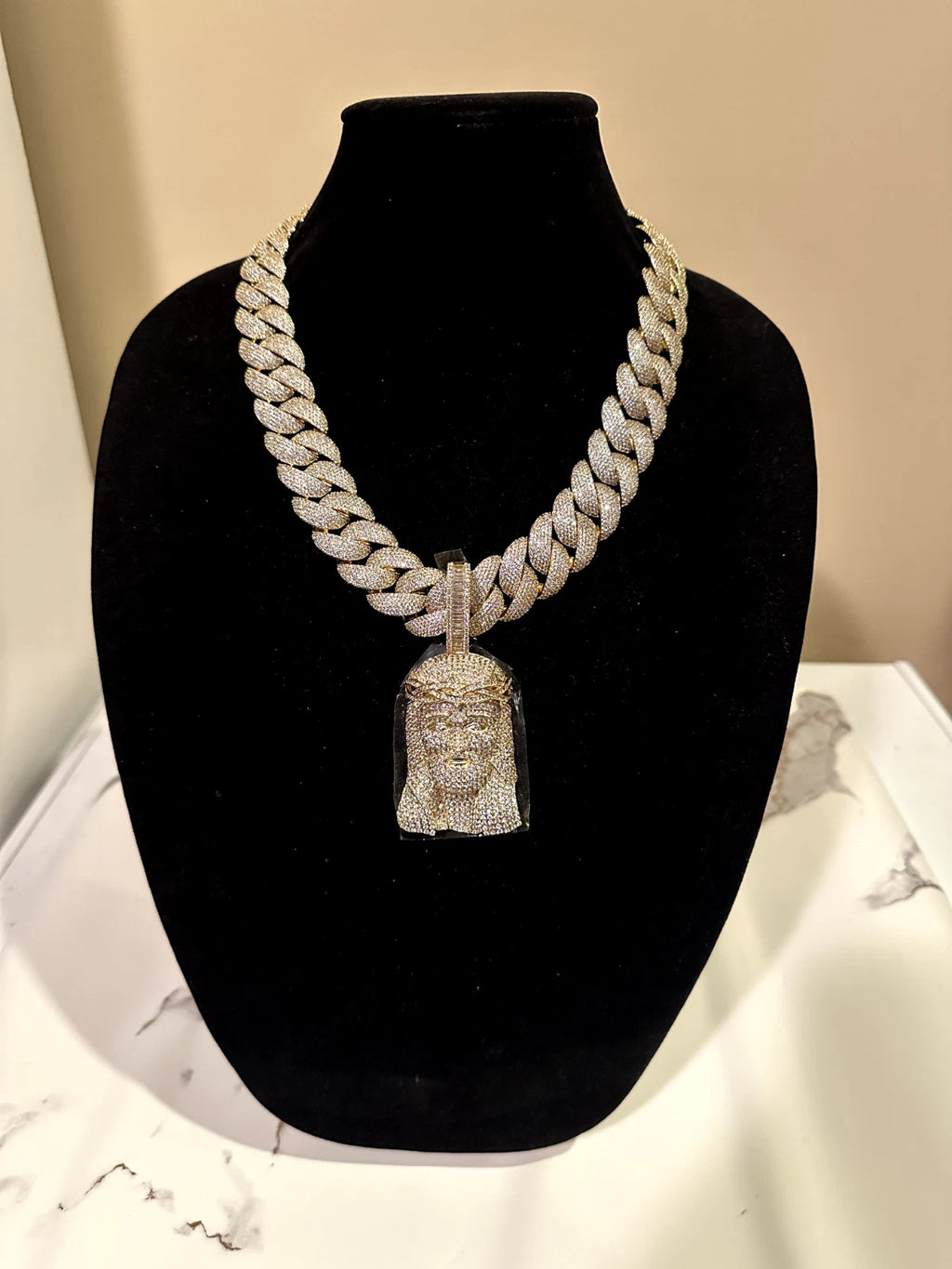 XXL Jesus Pendant 24mm Cuban Miami 196ct Lab Sim VVS1 Diamond Necklace - 1LB Weight GOLD