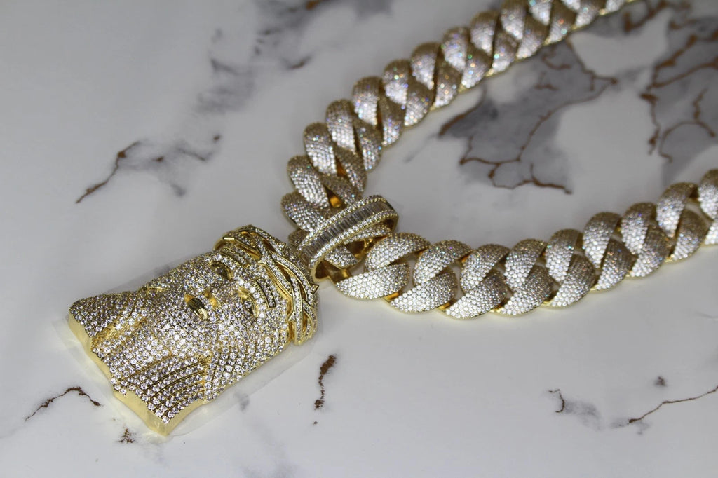 XXL Jesus Pendant 24mm Cuban Miami 196ct Lab Sim VVS1 Diamond Necklace - 1LB Weight GOLD