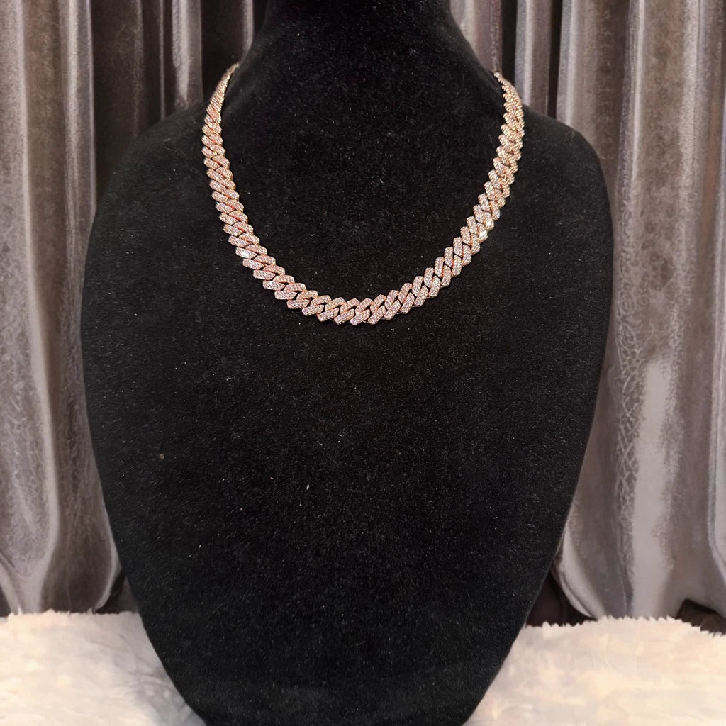 14mm Cuban Prong 64ct Lab VVS1 Sim Diamond Necklace Rose Gold