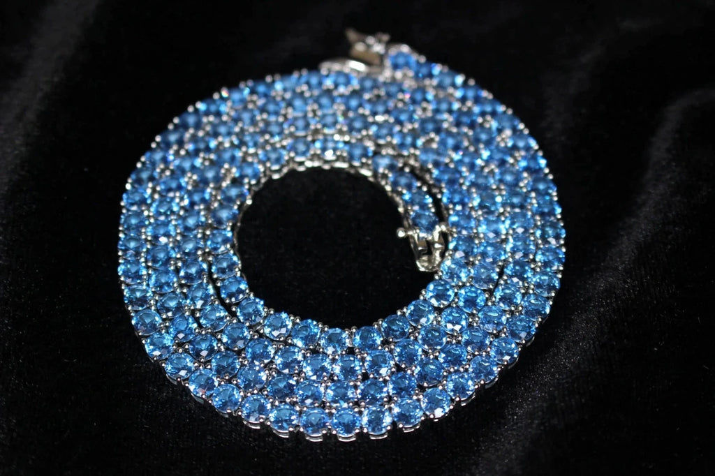 4mm Sapphire Blue Tennis 70.6ct Lab Sim VVS1 Diamond Necklace