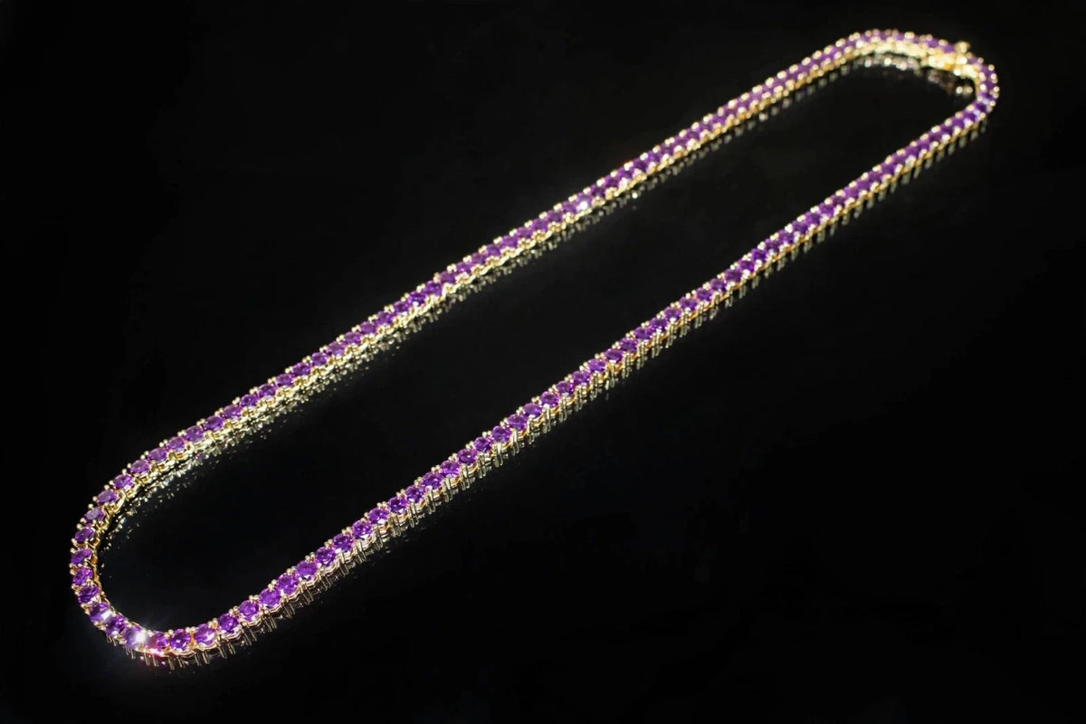 4mm Sapphire Amythist PURPLE Tennis 70.6ct Lab Sim VVS1 Diamond Necklace - GOLD