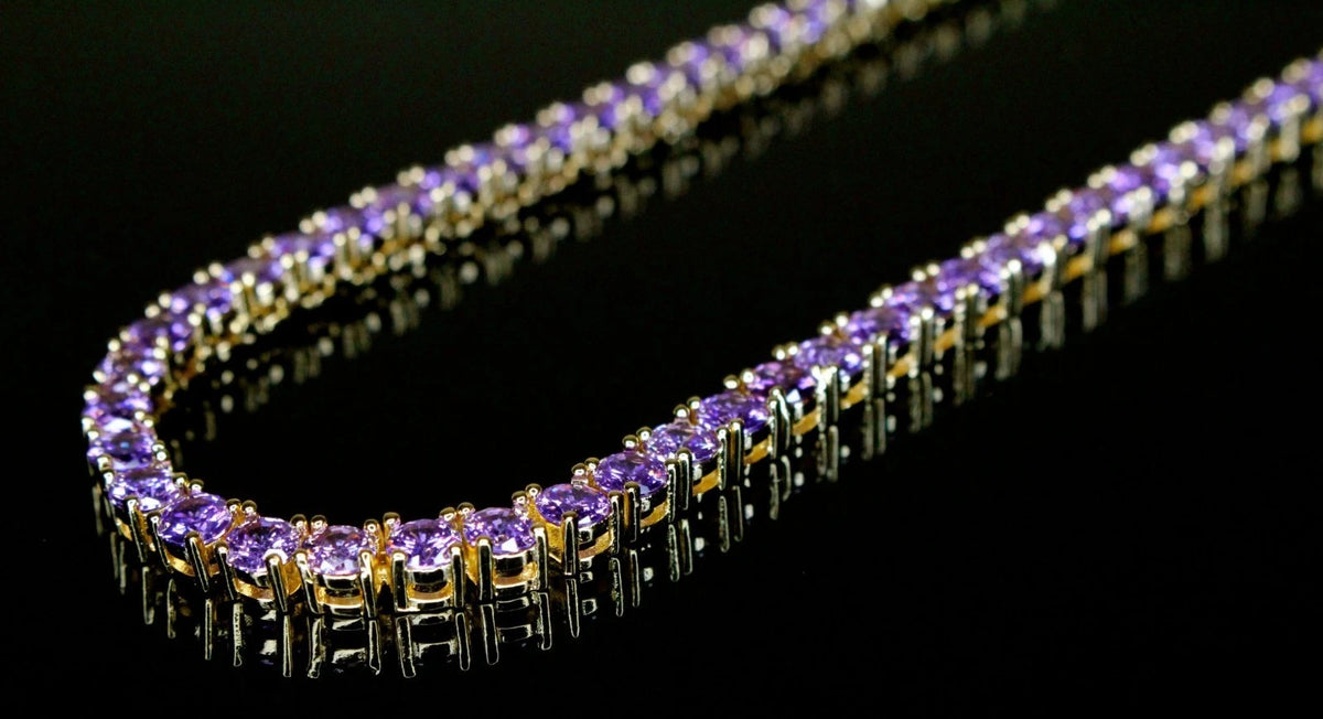 4mm Sapphire Amythist PURPLE Tennis 70.6ct Lab Sim VVS1 Diamond Necklace - GOLD