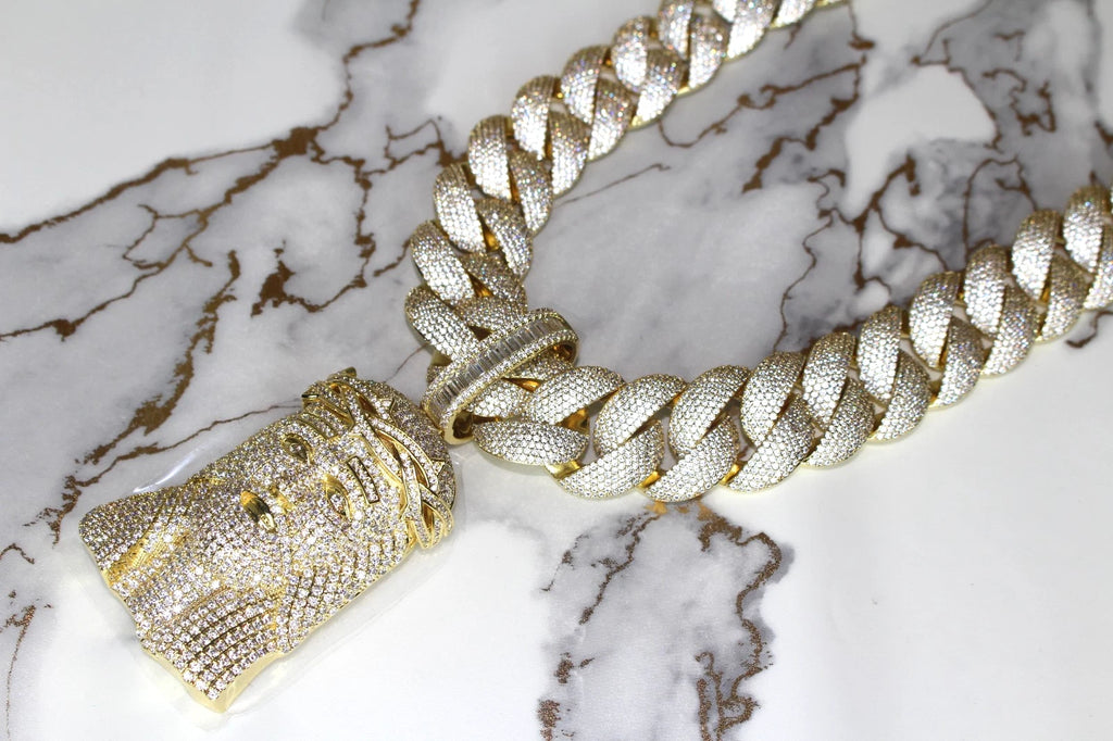 XXL Jesus Pendant 24mm Cuban Miami 196ct Lab Sim VVS1 Diamond Necklace - 1LB Weight GOLD