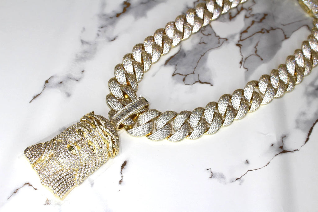 XXL Jesus Pendant 24mm Cuban Miami 196ct Lab Sim VVS1 Diamond Necklace - 1LB Weight GOLD