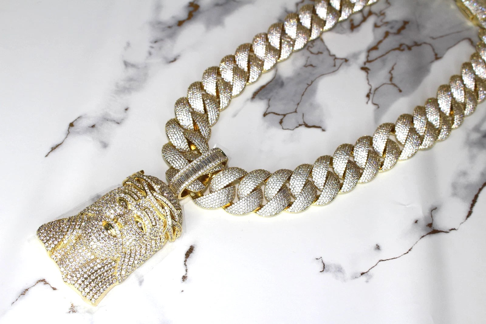 XXL Jesus Pendant 24mm Cuban Miami 196ct Lab Sim VVS1 Diamond Necklace - 1LB Weight GOLD